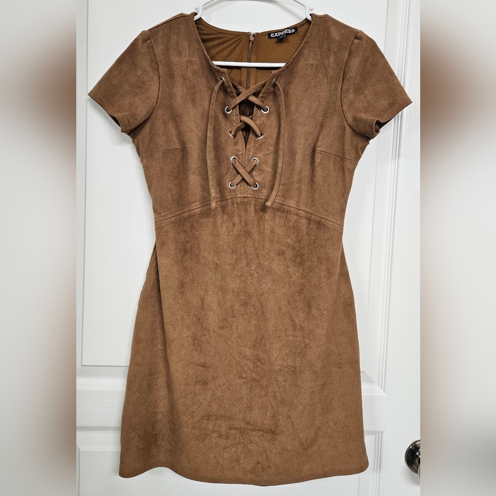 Express size 2 camel brown suede cross laced v neck lined zip up mini dress - Picture 3 of 7